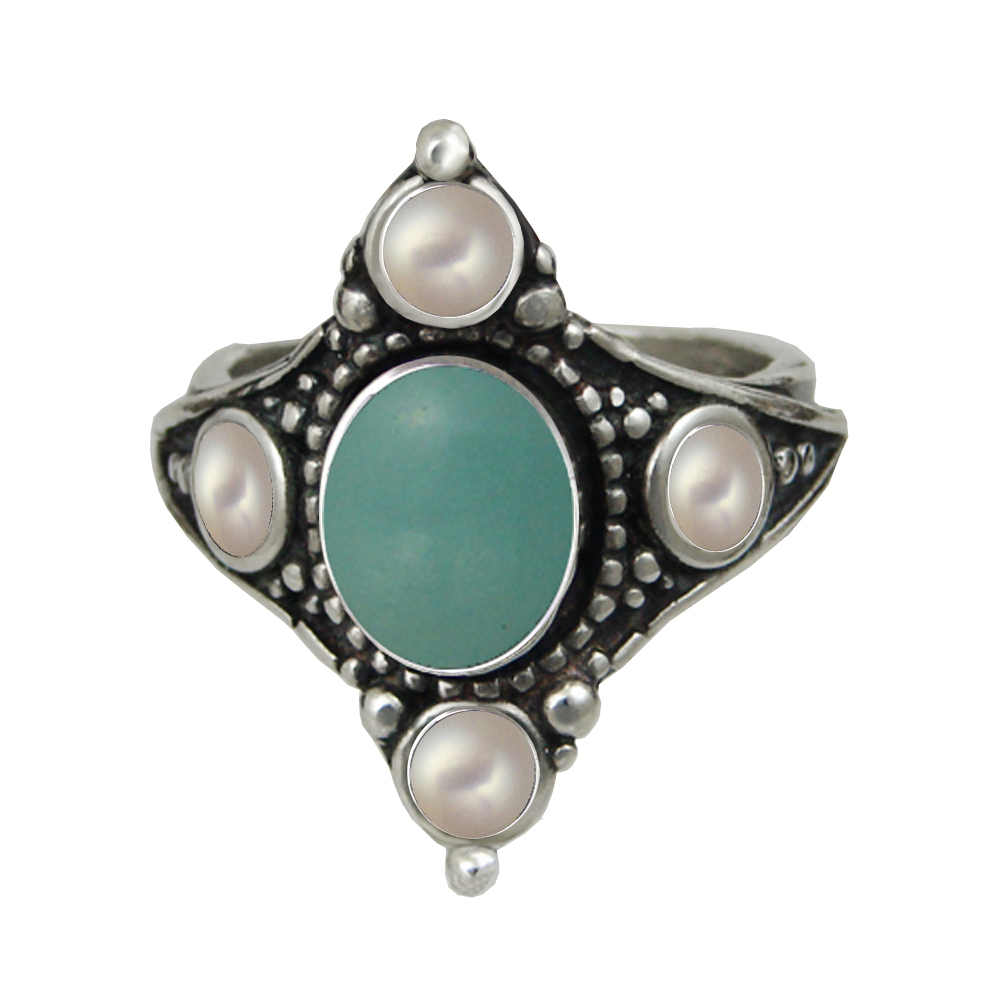 Sterling Silver Queen's Ring With Aventurine And Cultured Freshwater Pearl Size 10